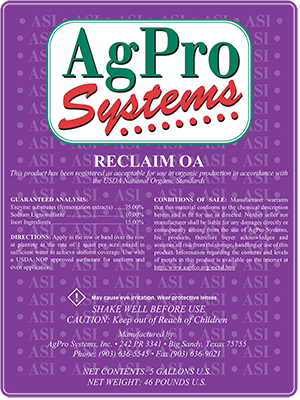 Small Product Label AgPro Systems Reclaim OA Organic