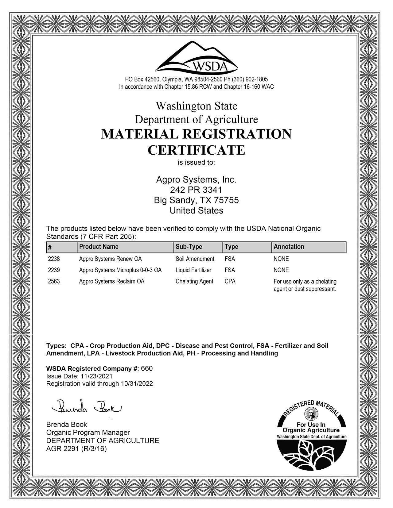 AgPro WSDA Organic Certificate